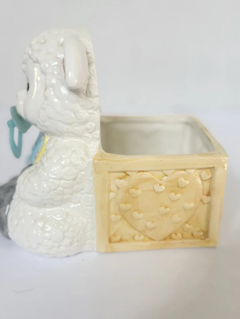 Vintage White Ceramic Lamb Planter with Blue Bib and Pacifier Baby Shower